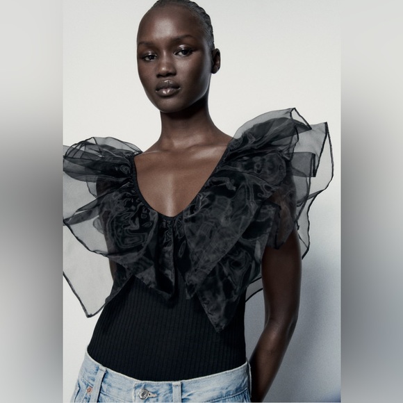 NWT ZARA RUFFLED ORGANZA RIB BODYSUIT - Picture 1 of 8